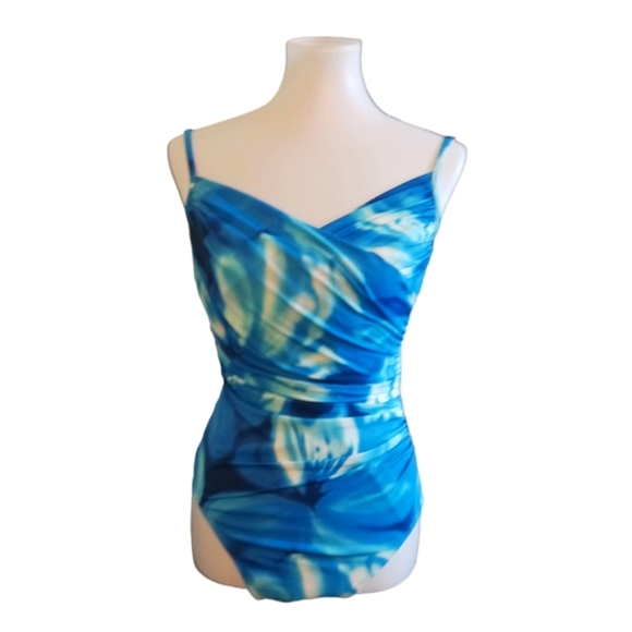Miraclesuit Plus Size One Piece Bathing Suit Ruched Blue Tie Dye Swimsuit Sz 16 - Picture 1 of 9